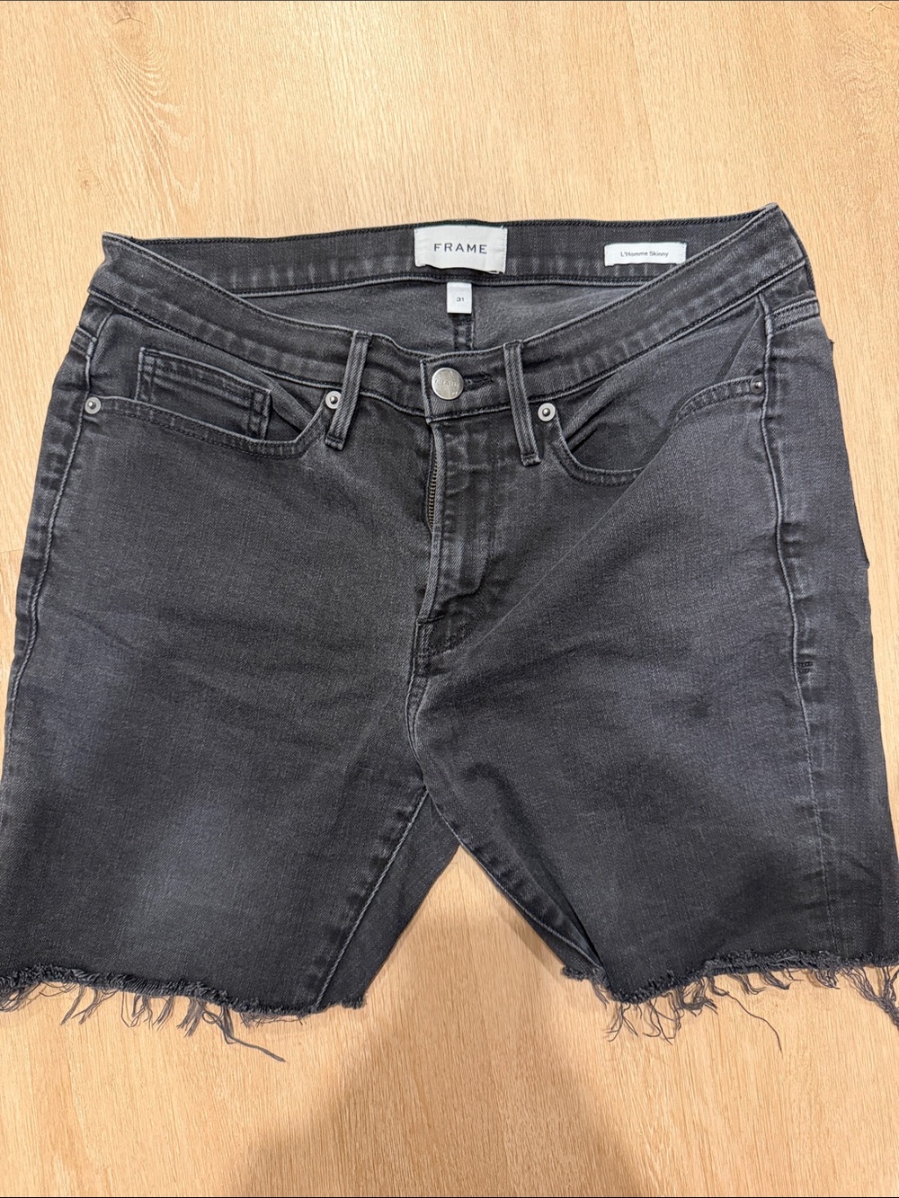 Frame Denim Washed Black Frayed-Hem Jean Shorts